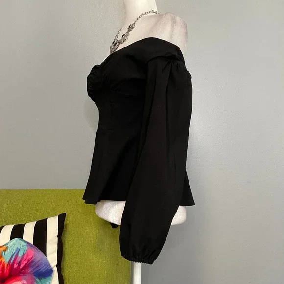 TOPSHOP Black Bengaline Bardot Off the Shoulder Blouse Top NEW US 8 - Picture 3 of 5
